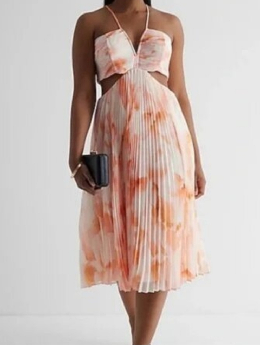Floral V-neck Cut Out Pleated Chiffon Midi Dress Size S Pastel Spring Romantic